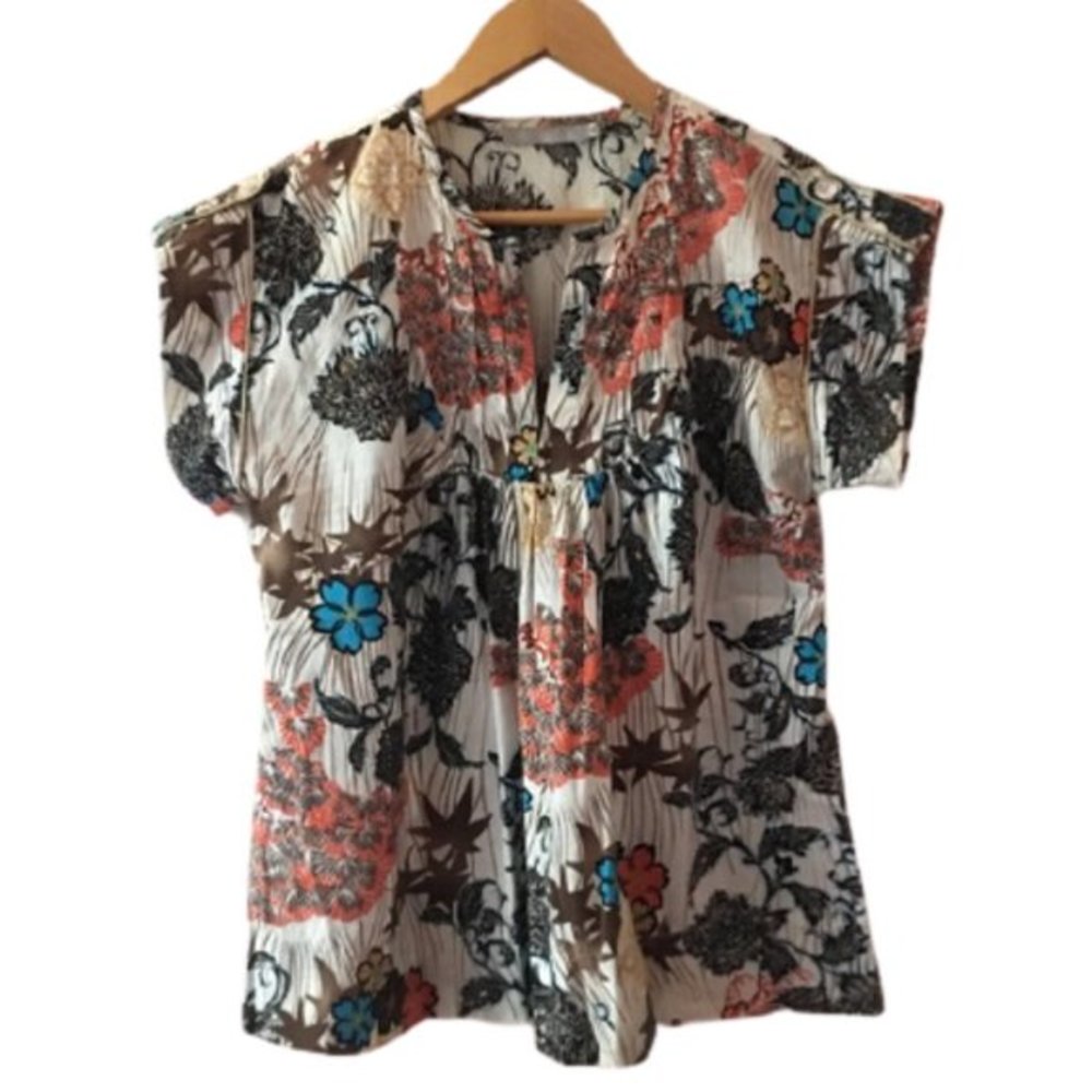 Hawaiian Floral Boho Gold Trim Pleated Yoke A-Line Boho Chic Blouse Billtornade